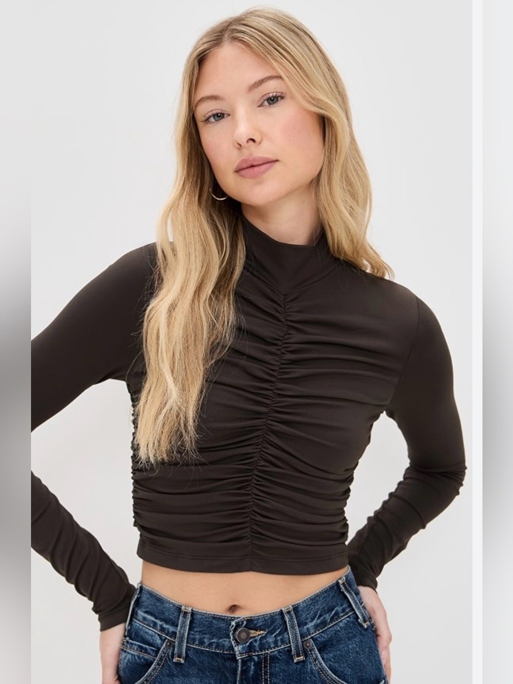Susana Monaco mock neck gathered top long sleeve cropped black XS